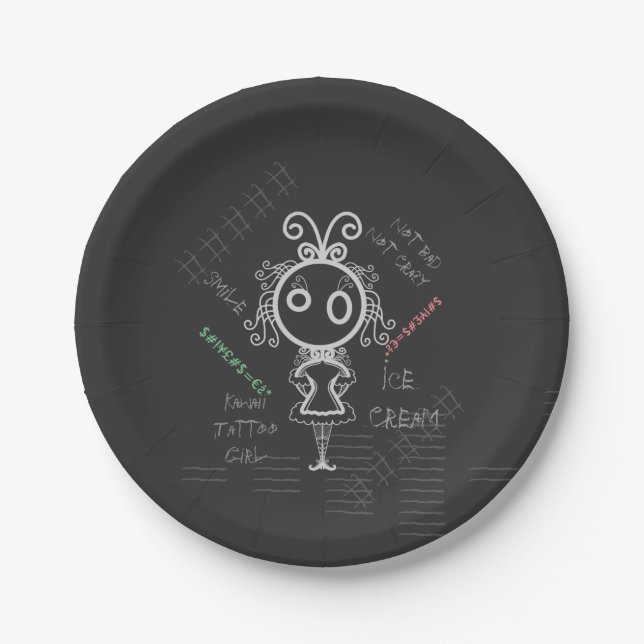 Creepy Cartoon Kawaii Tattoo Girl Paper Plates (Front)