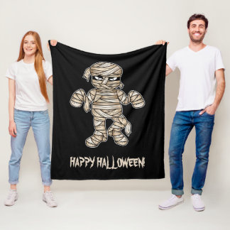 Creepy Cartoon Mummy &amp; Happy Halloween Text Fleece Blanket