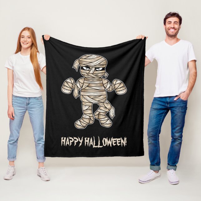 Creepy Cartoon Mummy & Happy Halloween Text Fleece Blanket (In Situ)