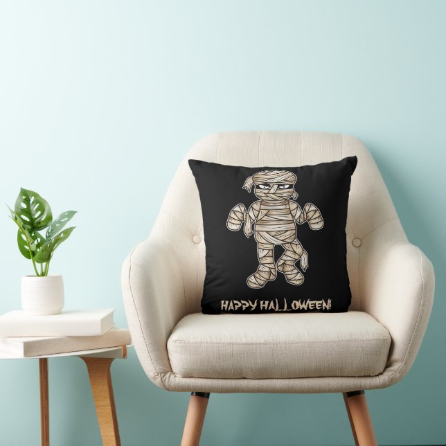 Creepy Cartoon Mummy & Happy Halloween Text Throw Pillow (Chair)