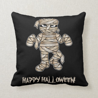 Creepy Cartoon Mummy &amp; Happy Halloween Text Throw Pillow