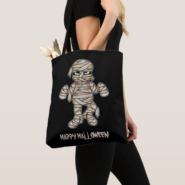 Creepy Cartoon Mummy & Happy Halloween Text Tote Bag (Close Up)