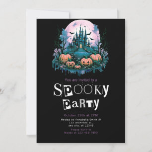 Creepy Castle Full Moon Minimalist Halloween Party Invitation