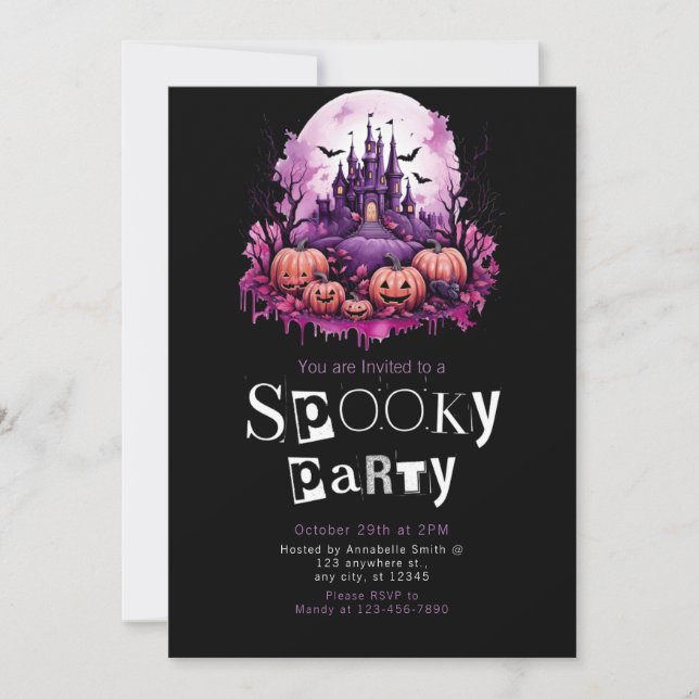 Creepy Castle Full Moon Minimalist Halloween Party Invitation (Front)