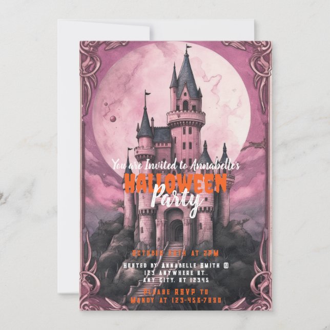 Creepy Castle Full Moon Pink Sky Halloween Party Invitation (Front)