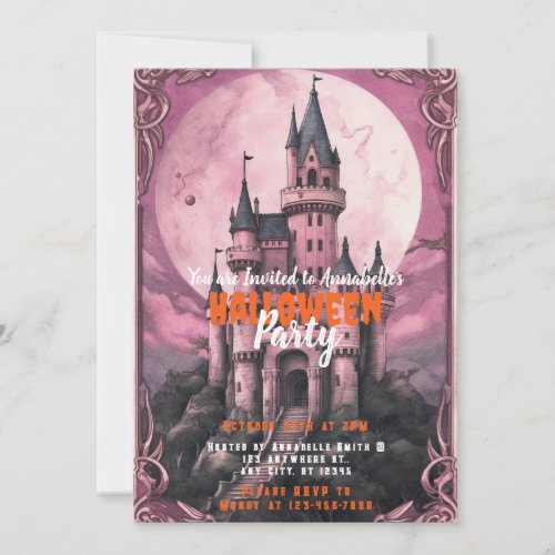 Creepy Castle Full Moon Pink Sky Halloween Party Invitation