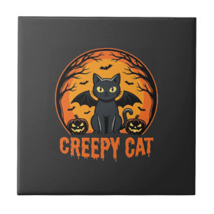 Creepy Cat Halloween Bat Moon Graphic Design_1 Ceramic Tile