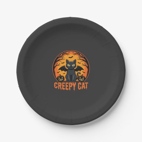 Creepy Cat Halloween Bat Moon Graphic Design_1 Paper Plates