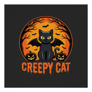 Creepy Cat Halloween Bat Moon Graphic Design_1 Poster
