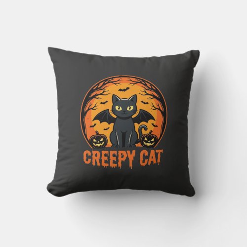 Creepy Cat Halloween Bat Moon Graphic Design_1 Throw Pillow