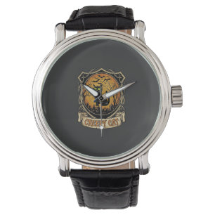 Creepy Cat Halloween Black Graveyard Bats Watch
