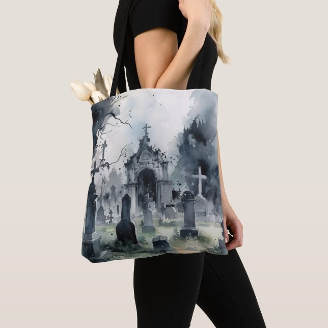 Creepy Cemetery Graveyard Graves Crosses Halloween Tote Bag (Close Up)