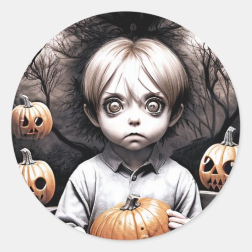 Creepy Chibi  Boy with Pumpkin Halloween Classic Round Sticker
