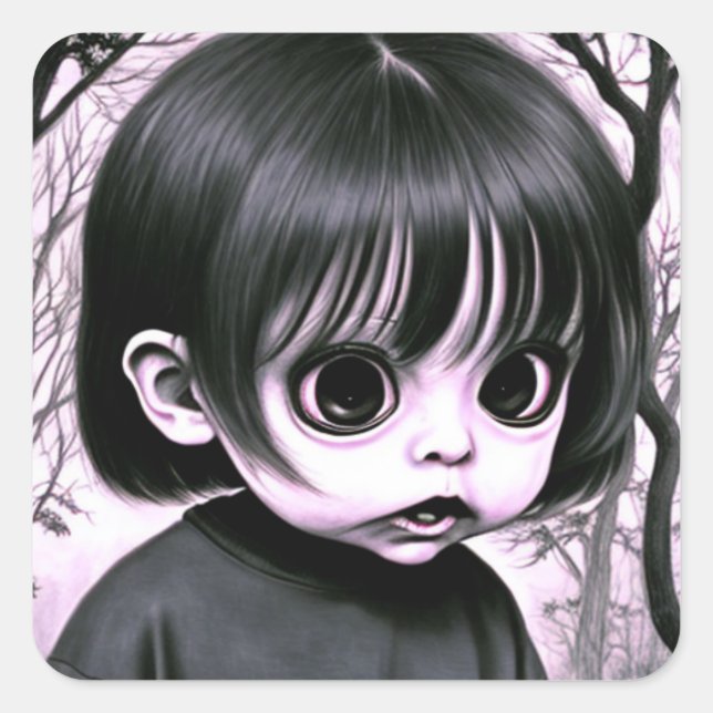 Creepy Child with Big Eyes Scared Square Sticker (Front)