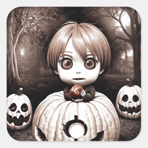 Creepy Child with Poison Apple in Pumpkin  Square Sticker