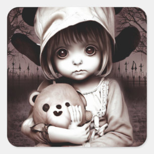 Creepy Child with Scratched up Teddy Bear Square Sticker