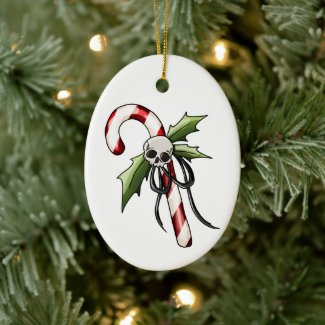 Creepy Christmas Candy Cane and Skull Ornament