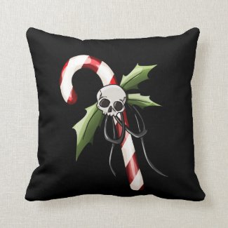 Creepy Christmas Candy Cane and Skull Throw Pillow