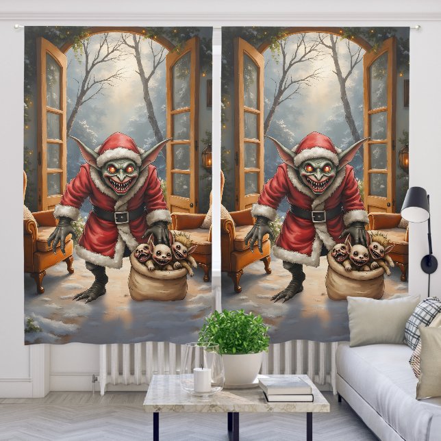 Creepy Christmas Goblin – Dark Fantasy Evil Santa  Blackout Curtains (Living Room)