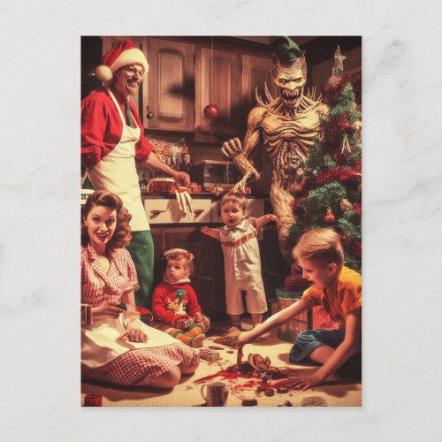 Creepy Christmas Horror Retro Family Portrait Postcard