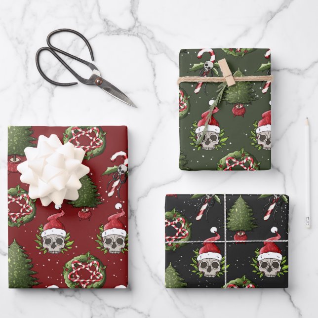 Creepy Christmas Wrapping Paper with Santa Skulls (Front)
