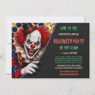 Creepy Clown Funny Scary Halloween Party Invitation