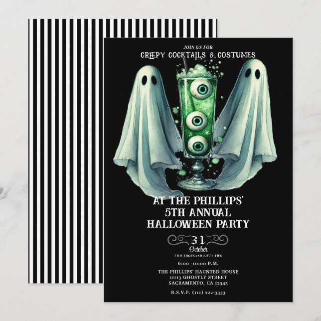 Creepy Cocktails & Costumes Ghost Halloween Party Invitation (Front/Back)