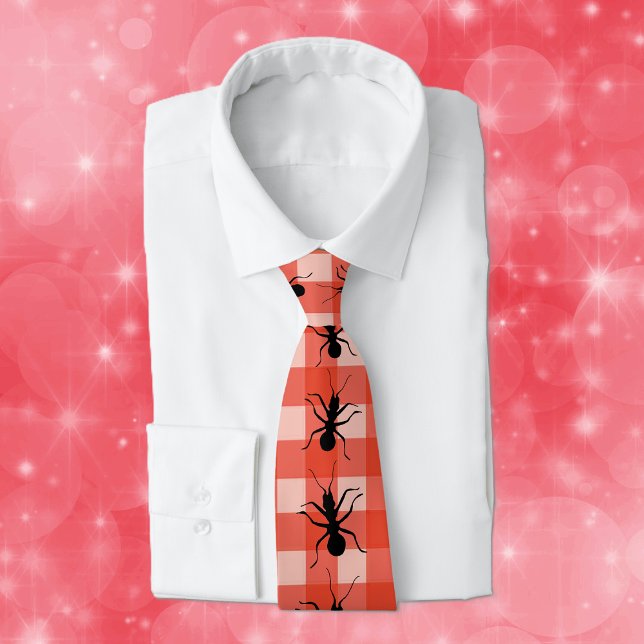 Creepy Crawly Ants Plaid Tablecloth Neck Tie (Big crawling black ants on red white checkered tablecloth plaid neck tie.)