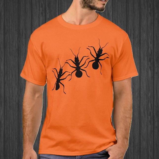 Creepy Crawly Black Ants Insects T-Shirt (Three big creepy crawley black ants on orange unisex tee shirt)