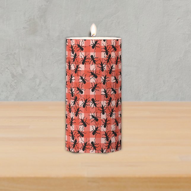 Creepy Crawly Black Ants on Picnic Red White Plaid Pillar Candle (Bunch of creepy crawly black ants on picnic tablecloth red white plaid pillar candle.)