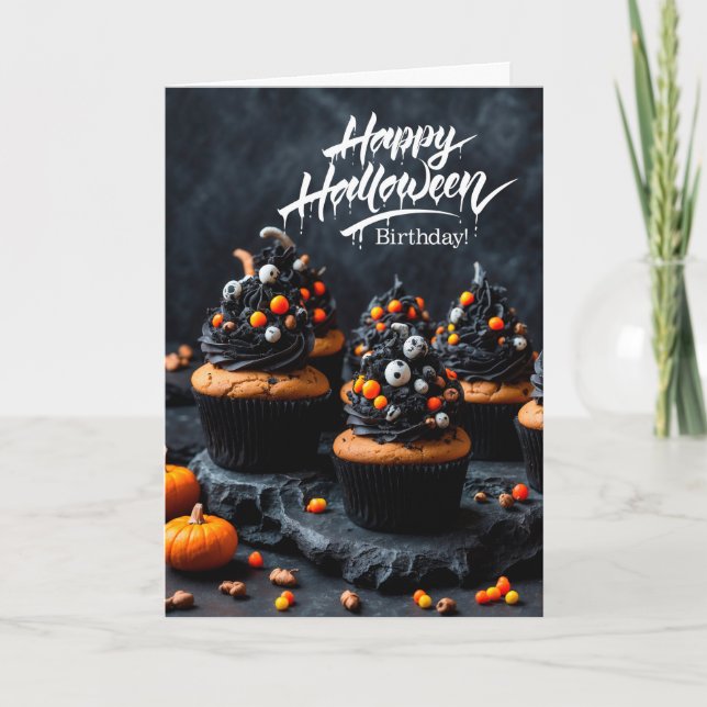 Creepy Cupcakes Happy Birthday on Halloween Holiday Card (Front)