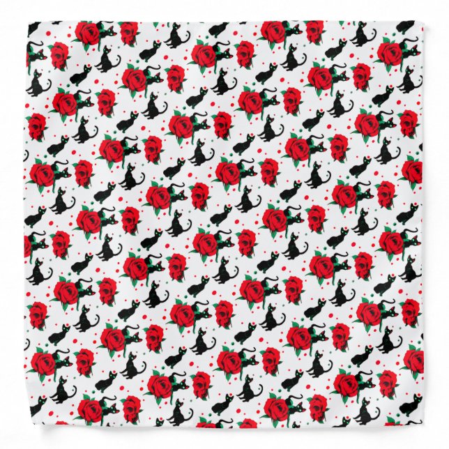 Creepy Cute Black Cats Red Roses Pattern Bandana (Front)