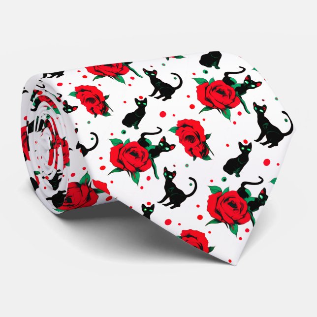 Creepy Cute Black Cats Red Roses Pattern Neck Tie (Rolled)