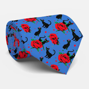 Creepy Cute Black Cats Red Roses Pattern on Blue Neck Tie