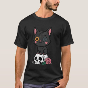 Creepy Cute Cat with Skull and Rose Gothic Girl T-Shirt