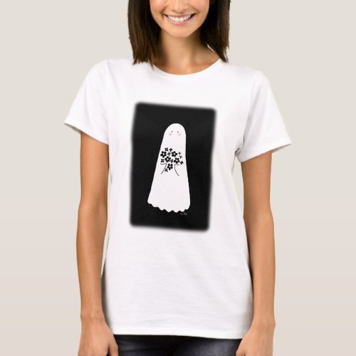 Creepy Cute Ghost with Bouquet of Flowers Goth Art T_Shirt