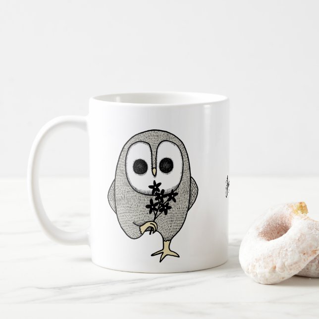 Creepy Cute Goth Owl with Black Flower custom name Coffee Mug (With Donut)