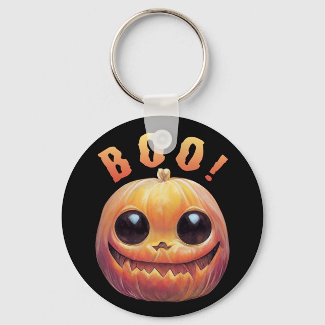 Creepy Cute Halloween Pumpkin Head Saying Boo Keychain (Front)