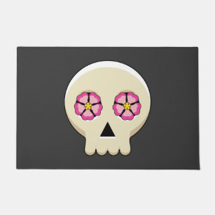 Creepy Cute Kawaii Goth Skull with Flowers Doormat