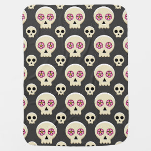 Creepy Cute Kawaii Goth Skull with Flowers Pattern Baby Blanket