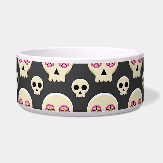 Creepy Cute Kawaii Goth Skull with Flowers Pattern Bowl (Front)