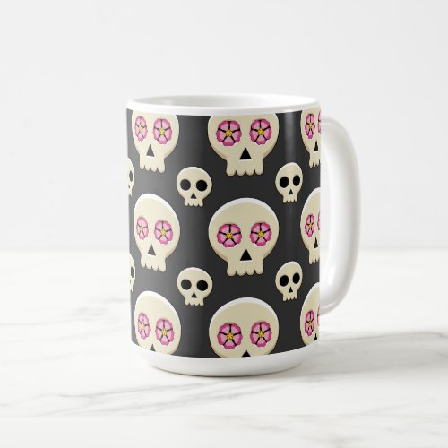 Creepy Cute Kawaii Goth Skull with Flowers Pattern Coffee Mug