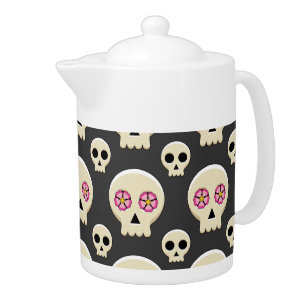 Creepy Cute Kawaii Goth Skull with Flowers Pattern Teapot