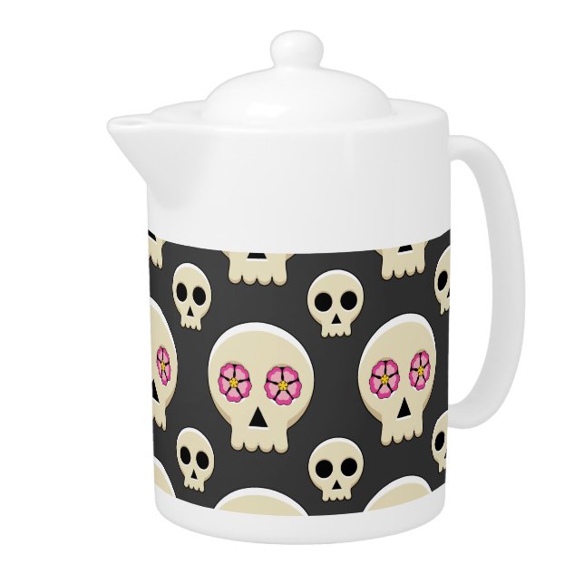 Creepy Cute Kawaii Goth Skull with Flowers Pattern Teapot (Right)