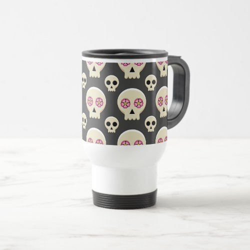 Creepy Cute Kawaii Goth Skull with Flowers Pattern Travel Mug