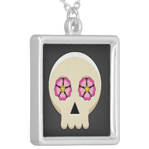 Creepy Cute Kawaii Goth Skull with Flowers Silver Plated Necklace