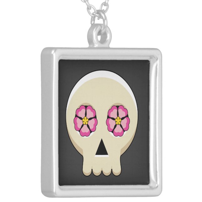 Creepy Cute Kawaii Goth Skull with Flowers Silver Plated Necklace (Front Left)