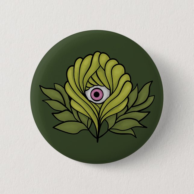 Creepy-Cute Spring Plant with Pink Eyeball - Whims Button (Front)