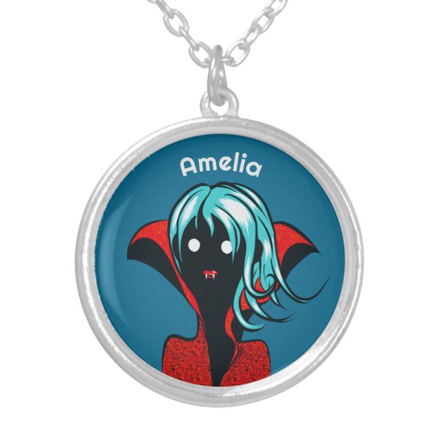 Creepy Cute Vampire Girl - Kawaii Gothic Silver Plated Necklace (Front)