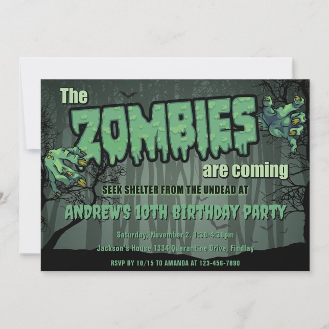 Creepy Dark Green Zombie Birthday Party Invitation (Front)